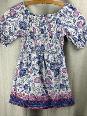 Old Navy Girls Smocked Peasant Dress S 6-7 White Blue Pink Floral Boho Prarie